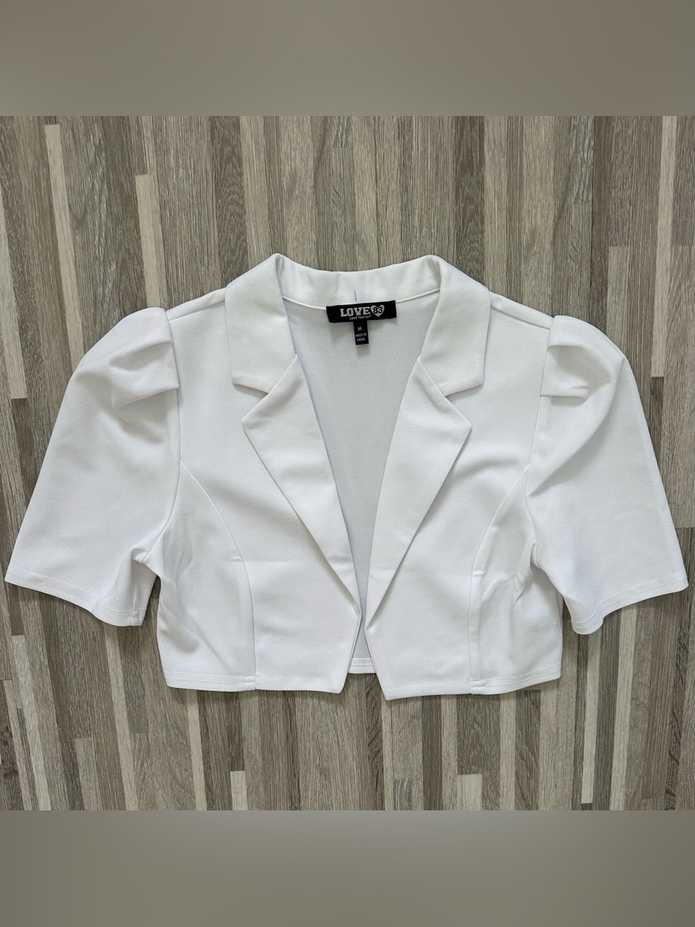 New White Short-Sleeve "Love Yourself" Cropped Blazer – Size M